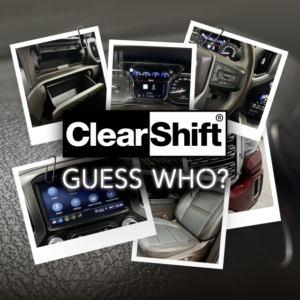 Collage of a red vehicle featured in ClearShift’s “Guess Who” banner series, with mystery styling elements.