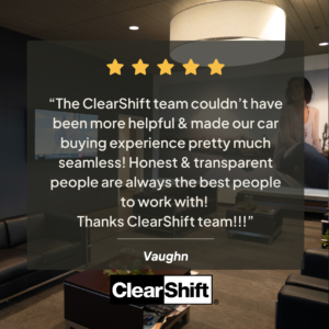 Typed customer review from Vaughn displayed over the ClearShift dealership lobby background.