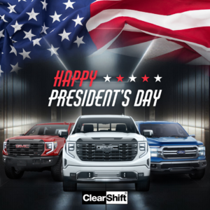 Collage of American pickup trucks with a large U.S. flag overlay, honoring Presidents Day.