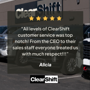 Typed customer review from Alicia highlighting ClearShift’s top-tier customer service, displayed on a banner.