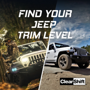 Two Jeep Wranglers in rugged off-road terrain promoting Jeep trim level options.