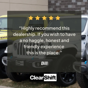 Review from Bill displayed over a background of Jeep Wranglers at ClearShift.