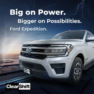 Silver Ford Expedition on a modern background with the slogan "Big on Power. Bigger on Possibilities."